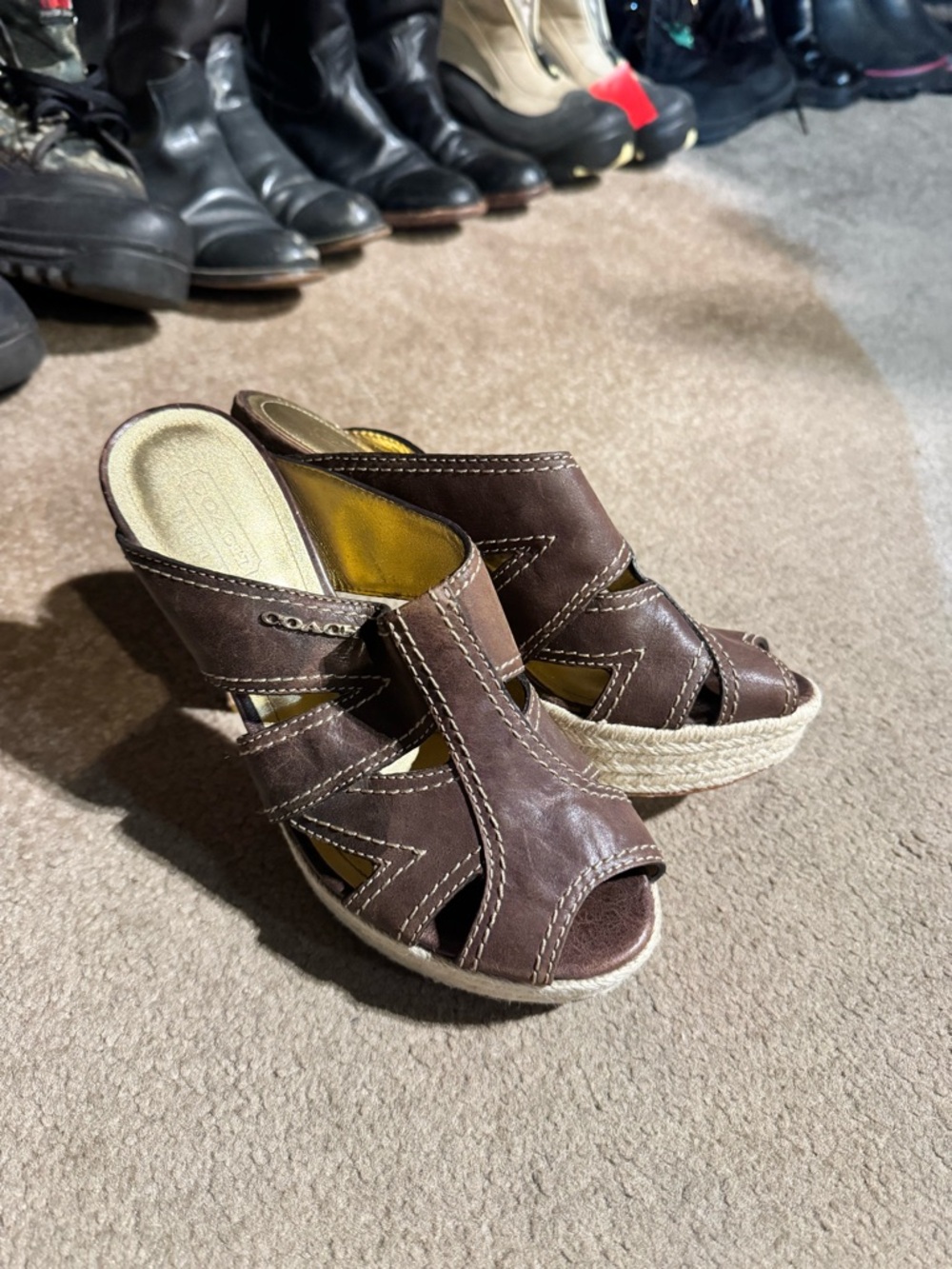 Coach Brown Leather Espadrille Wedge Slides